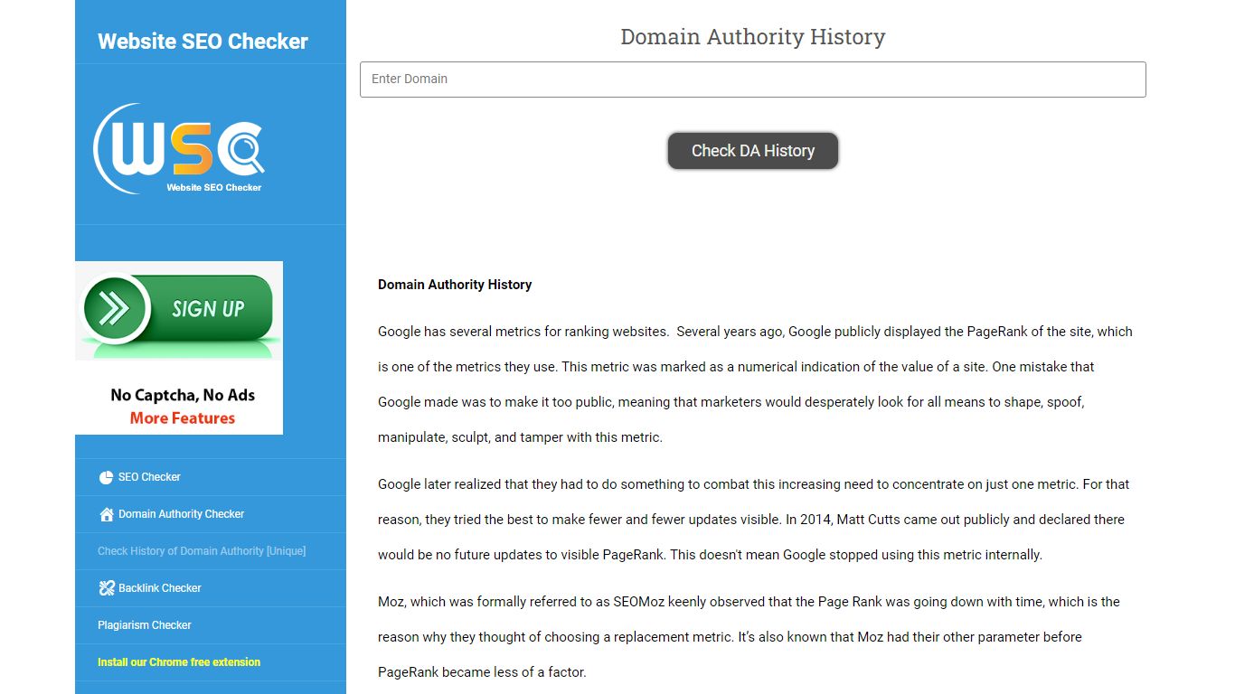 Check History of Domain Authority - Website SEO Checker